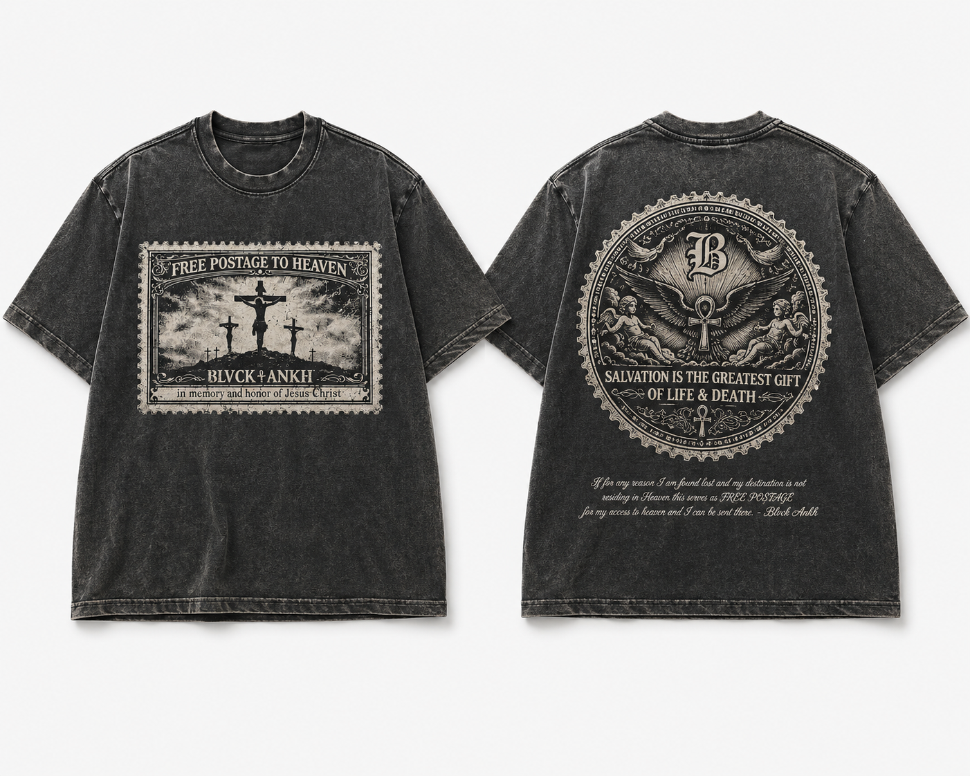“Free Postage To Heaven” Washed Black Tee